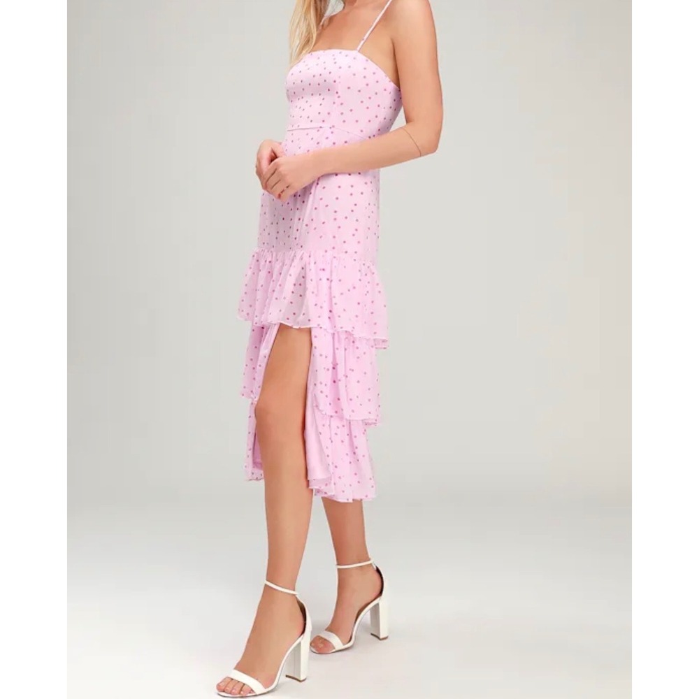 Lulus Nellie Pink Polka Dot Tiered Midi Dress XS Square Neck Ruffle Side Slit - Picture 3 of 11